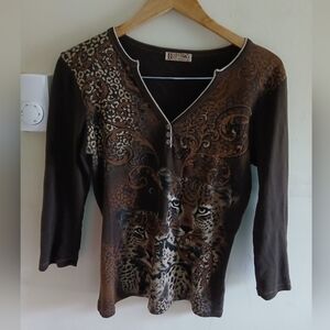 Brown Animal Horse Print Women's Top 3/4 Sleve